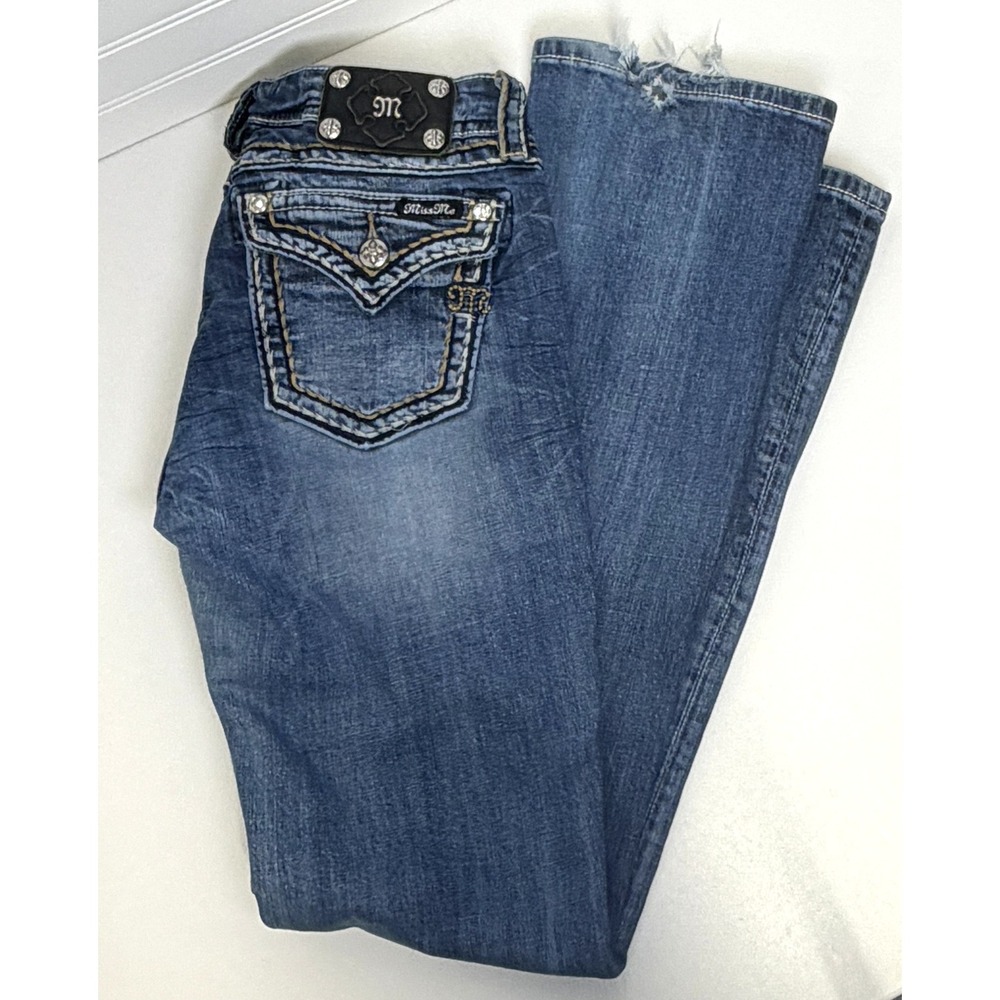 Miss Me Y2K Grunge Rhinestone Flap Pocket Bootcut Jeans Blue Denim Size 30 - Picture 15 of 16